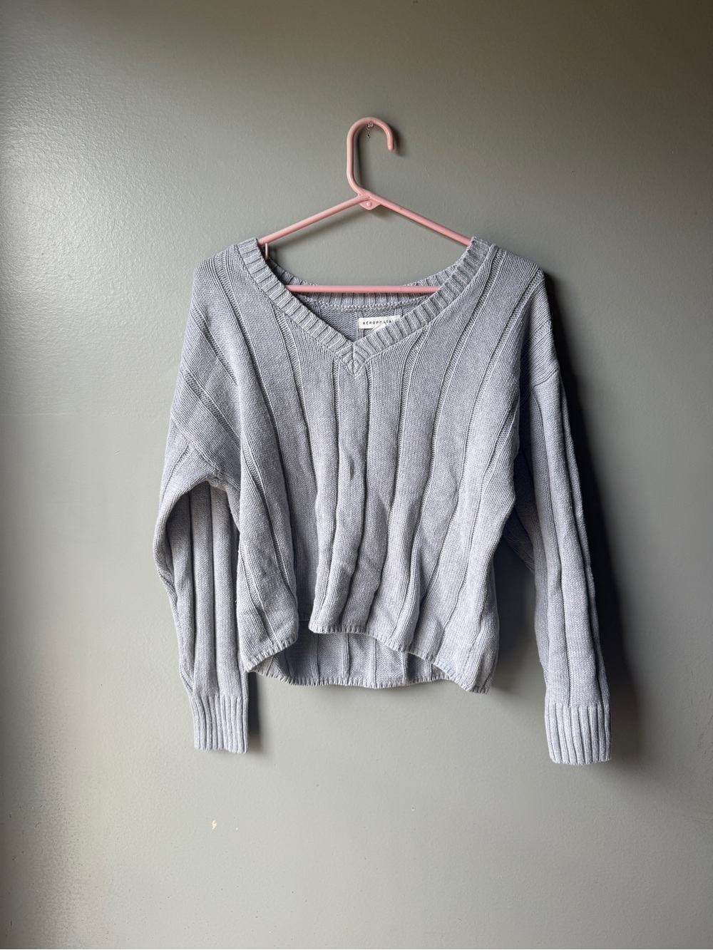 Gray‎ Ribbed V Neck Sweater Womens Y2K Cozy Casual Minimalist Preppy